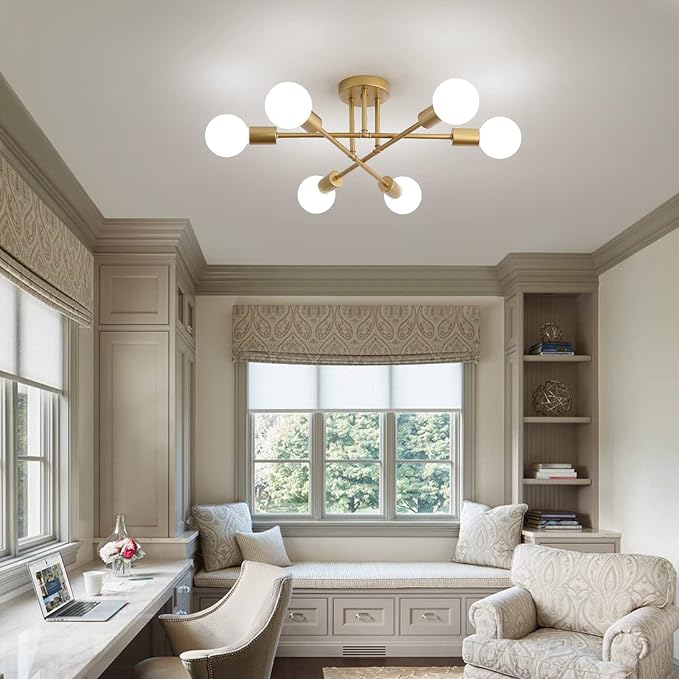 Gold Modern Sputnik Chandelier Ceiling Light Fixtures,6-Lights Industrial Metal Semi Flush Mount Ceiling Light for Bedroom Dining Room Living Room Kitchen Hallway UL Listed