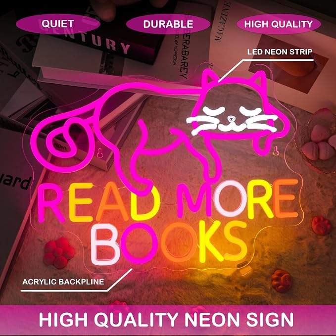 Cat Read More Books Neon Sign Led Light Dimmable LED Sign Bedroom Decor Neon Signs for Classroom Library Book Room Wall Decor Funny Gits for Children