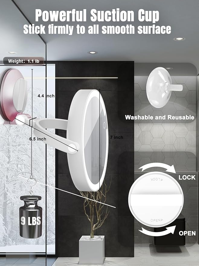 30X/1X Wall Mounted Magnifying Makeup Mirror with Power Suction Cup, Rechargeable Double Sided Regular HD/Magnification 3 Color Modes Adjustable Brightness Mirror with Lights for Bathroom, Travel