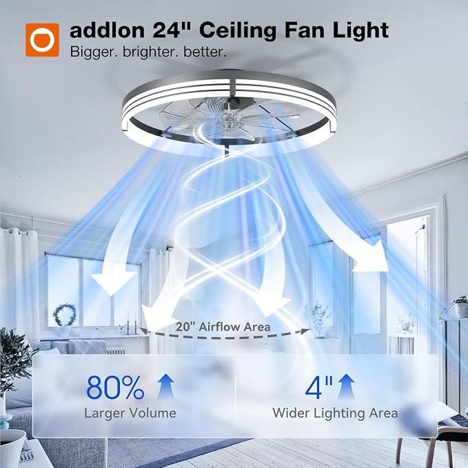 addlon 24" Low Profile Fandelier Ceiling Fans with Lights and Remote, Black | Wider Airflow, 3000-6000K Dimmable LED, 6 Speeds, Reversible DC Motor, Remote and App Control, Memory Function, Timer, Quiet