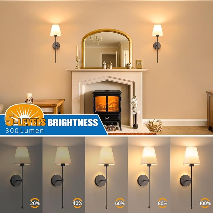 NIORSUN 19.9 inch Battery Operated Wall Sconce Set of 2,Black Rechargeable Wall Lights with 5200mAh Dimmable Detachable Bulbs and Remote,10 Colors Wireless Sconces for Bedroom Living Room Hallway