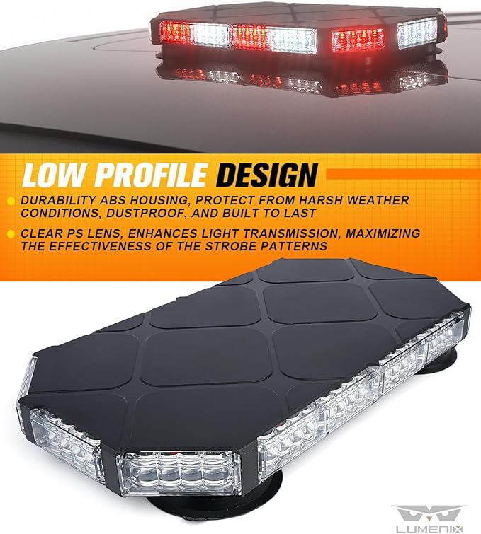 LUMENIX 56 LED Roof Top Strobe Beacon Lights Bar Rooftop Hazard Warning Emergency Safety Flashing Light for Ambulance Firefighter Vehicles Fire Trucks Cars - Red White