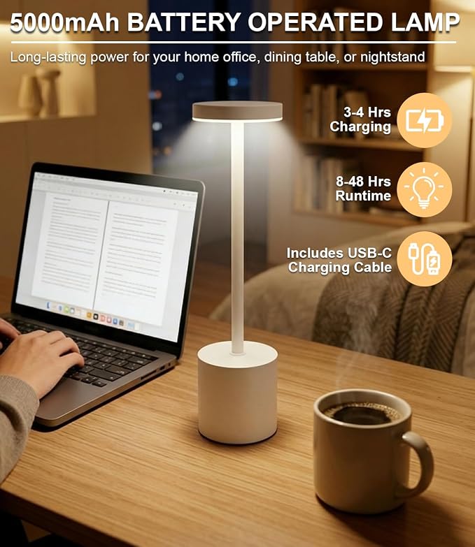 Swinerton White Rechargeable Cordless Table Lamps Set, 5000mAh Battery Powered Wireless Table Light, Portable LED Desk Lamp, 3 Color Dimmable Lighting for Restaurant Dining Patio Outdoor Bedroom