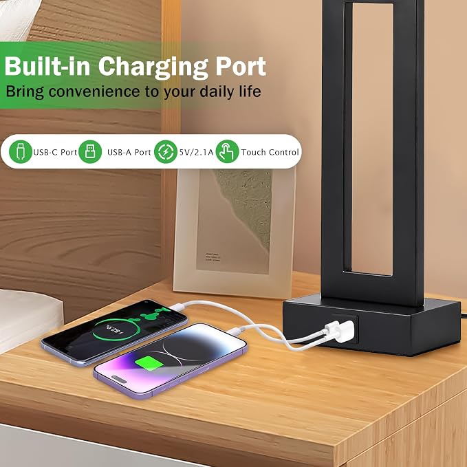 Lamps for Bedrooms - Set of 2 Modern Table Lamps with Touch Control, 3 Way Dimmable, USB C&A Charging, White&Black
