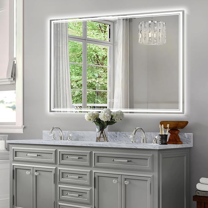 Ratsamee 48x30 Inch LED Bathroom Mirror with Frontlit & Backlit, Lighted Mirror for Bathroom Wall with 3-Color Dimmable & Anti-Fog, Vanity Mirror with Lights