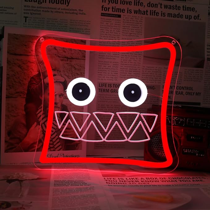 Red Square Monster Face Neon Sign, USB Powered, Cool Gaming Wall Decor for Bedroom, Game Room, Party, Man Cave, Kids Room, Aesthetic Wall Art Neon Sign for Boys Teens