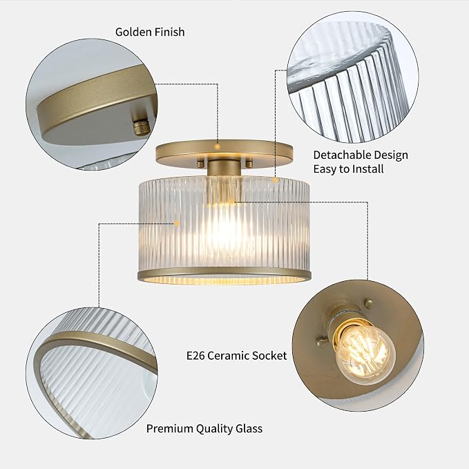 Zlepmlla Glass Ceiling Light, Clear Ribbed Glass Ceiling Light Fixture with Gold Metal Frame, Modern Semi Flush Mount Ceiling Light for Hallway,Entryway, Bedroom, Bathroom, Kitchen