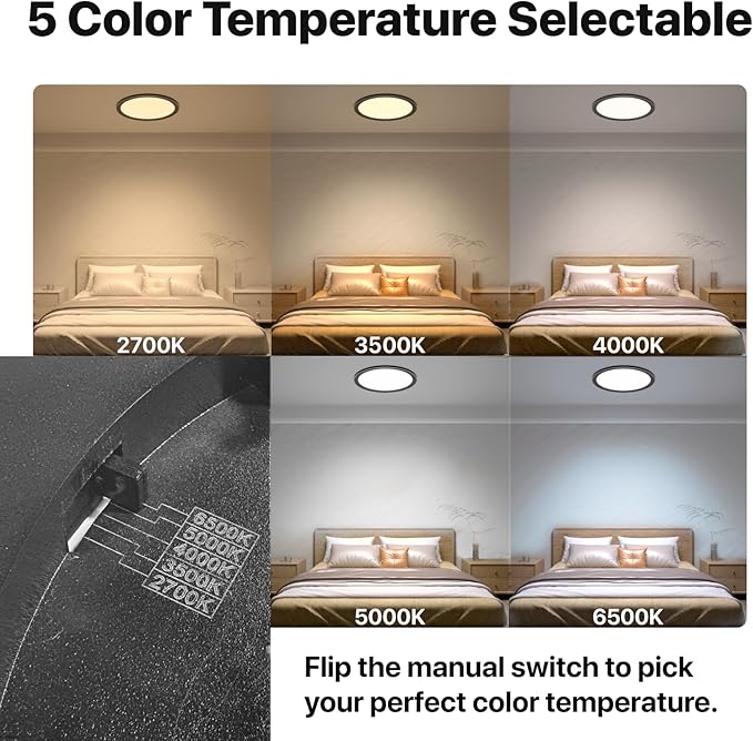 2Pack LED Flush Mount Ceiling Light Fixture Black,12Inch 24W 2640LM,Dimmable 5 CCT Selectable (2700K-6500K),Round Flat Panel Light for Bedroom,0.7Inch Thin Modern Low Profile Design for Hallway