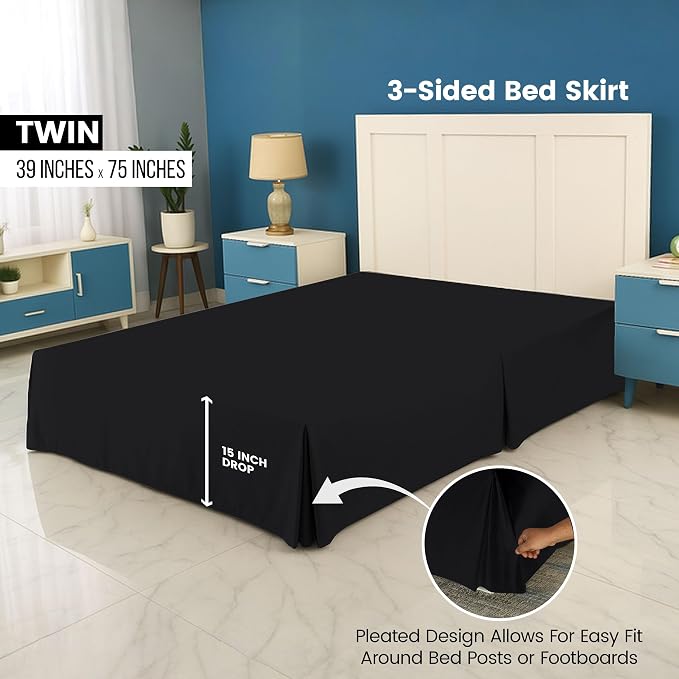 Twin Bed Skirt, Hides Under-Bed Storage 15 Inch Drop, Pleated, Black | Easy Fit Design, Shrinkage & Fade Resistant, Hotel Style, Microfiber Durable Fabric, Machine Washable