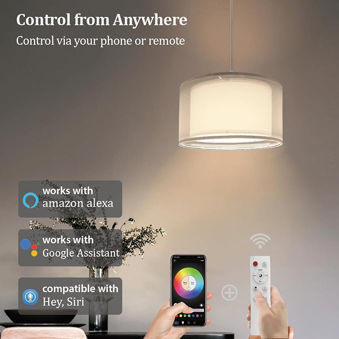 Hanging Lamp Plug in Pendant Light 2 Pack with Remote Control, 15Ft Hanging Lights with Plug in Cord White Double Shade Ceiling Pendant Light for Living Room, Bedroom, Kitchen