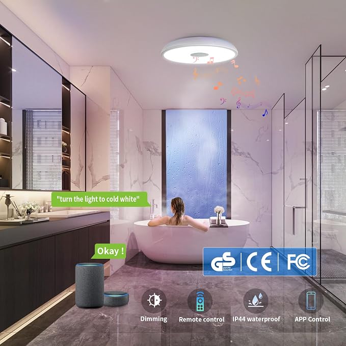 Smart Waterproof LED Flush Mount Ceiling Light Fixture,11 inch 18W,with Bluetooth Speaker,RGB Color Changing Function- Dimmable Lamp,Tuya Application Control-Compatible with Alexa Google Home