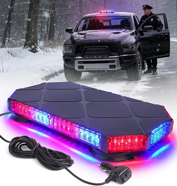 LUMENIX 56 LED Roof Top Strobe Beacon Lights Bar Rooftop Hazard Warning Emergency Safety Flashing Light for Police Law Enforcement Vehicles Fire Trucks Patrol Cars - Red Blue