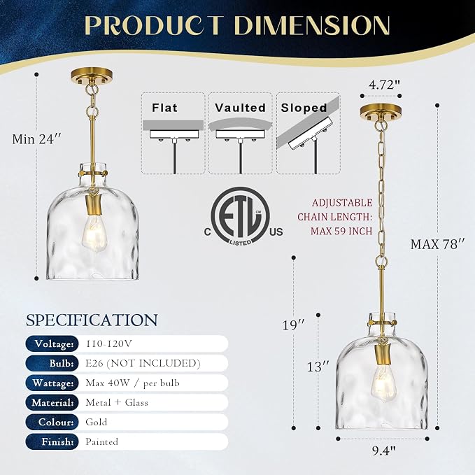Modern Gold Pendant Light – 10" Dome Glass Hanging Light Fixture, Single E26 Pendant Lighting for Kitchen Island, Dining Room, Bedroom, Hallway, Adjustable Ceiling Lamp