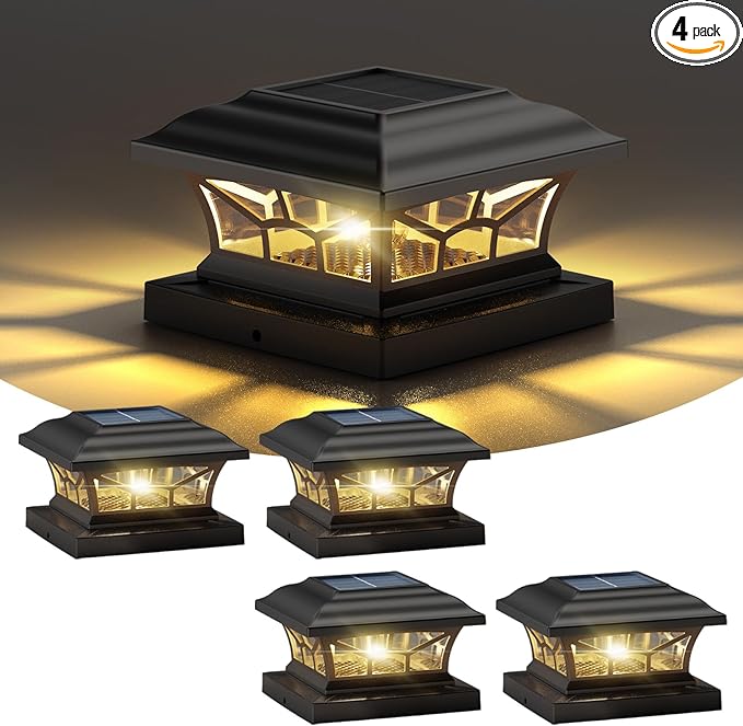 4 Pack Solar Post Cap Lights Outdoor Waterproof, Fits 4x4, 5x5, 6x6 Wooden & Vinyl Fence Decks, Edison LED Bulb with Warm & Cool White Light Modes.(Classic Black,4)