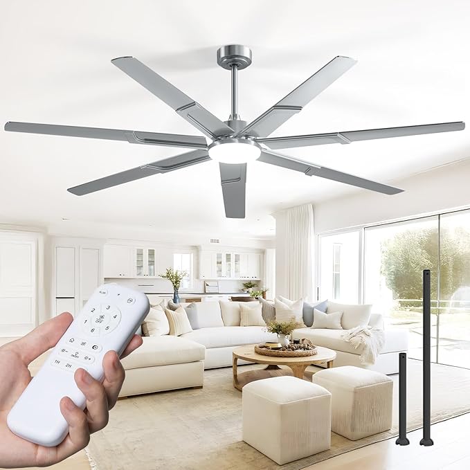 Amico 66 Inch Ceiling Fans with Lights and Remote, Nickel | 6 Speed Reversible DC Motor, 3CCT, Dimmable, Quiet, Timer, Large Modern Ceiling Fan for Living room, Indoor/Outdoor