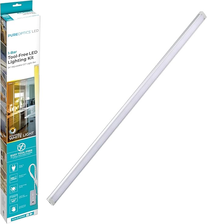 Black+Decker LED Under Cabinet Light Kit, Motion Sensor, Dimmable, Linkable, 3 Color Settings, Tool-Free, Utility Light, Closets, Garage, Pantry, (1) 24" Bars