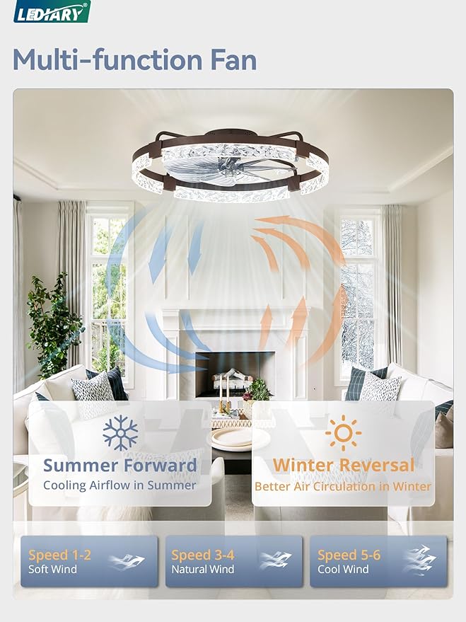 LEDIARY 2 Pack 24 Inch Low Profile Ceiling Fans with Lights and Remote, Fandelier Modern Ceiling Fan, 3000K-6000K Dimmable LED Fan Light, Brown Flush Mount Ceiling Fans with Lights for Bedroom