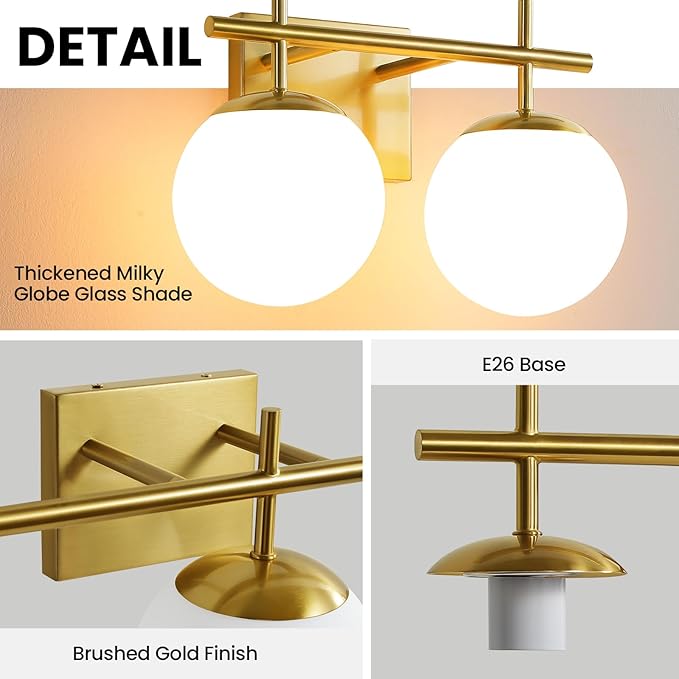 Gold Vanity Light, 2-Light Bathroom Lighting Fixtures Over Mirror Milky White Glass Globe Shades, Modern Vanity Lighting Fixtures Wall Sconce 14 Inch (Exclude E26 Bulb)