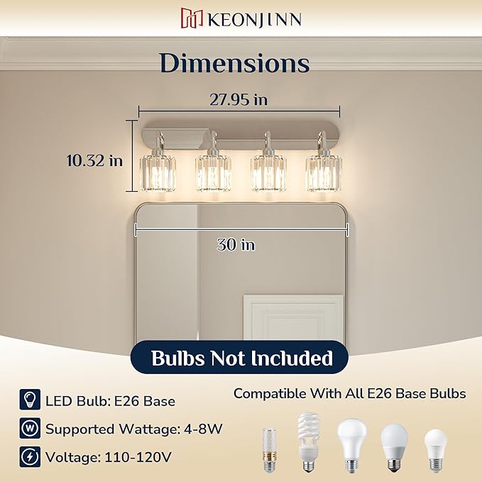 Keonjinn 4-Light Chrome Bathroom Light Fixtures Over Mirror, Crystal | Vanity Lighting Fixture with Crystal Square Shades, Dimmable, Modern Style, Compatible with E26 Base LED Bulbs (Exclude Bulb)
