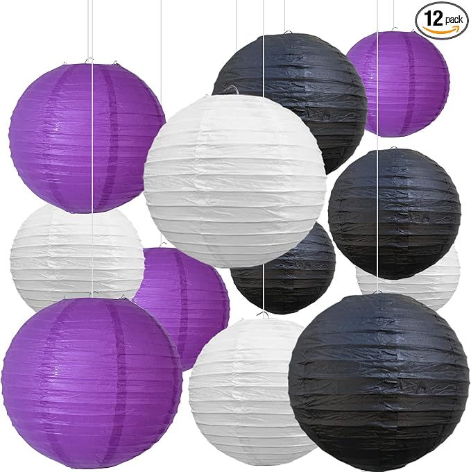 BEISHIDA Black Purple White Paper Lanterns 6/8/10/12Inch Round Chinese Lamp | 12Pcs,Paper lanterns party decorations,Chinese/Japanese Paper Lanterns,Birthday,Wedding,Christmas,Home decorative outdoor
