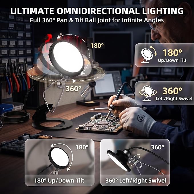800 Lumen LED Clamp Light with Magnetic Base, 4-in-1 Versatile Portable Work Light, 360° Swivel Heat-Free Clip on Lamp, 5000K Daylight Eye-Care Workbench Light for Garage, Workshop, ETL Listed