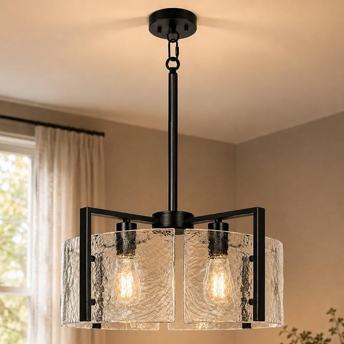 17.7 Inch Black Chandeliers for Dining Room, Adjustable Height | 4-Light Modern Farmhouse Entryway Light Fixture, Glass pendant Lights for Kitchen Island Foyer Bedroom Bathroom