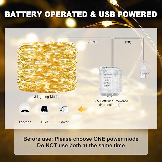 Flexible Copper String Lights, Fairy Lights Warm White, 2Pack Total 132ft 400 LED Battery Operated/USB Twinkle Lights for Bedroom, Dorm Decor