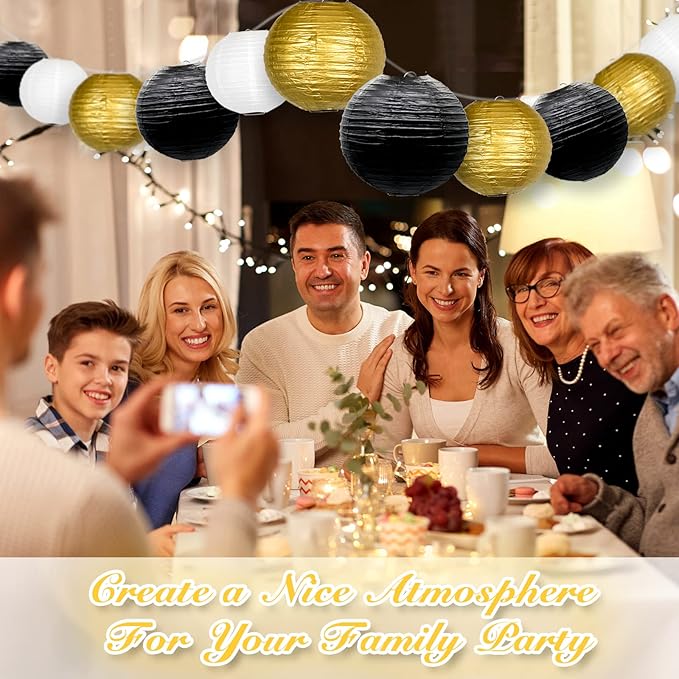 ADLKGG Paper Lanterns Decorative, Black Gold Chinese Paper Lanterns Ceiling Party Decorations with Lights for Graduation Anniversary Engagements New Years Eve Party 2026，16pcs