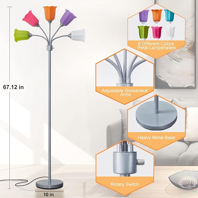 Medusa LED Floor Lamp, Multi Head Modern Tall Lamp with Adjustable Gooseneck Standing Lamps Led Tall Lamp for Living Room Bedroom Kids Room Office 6 Color Lampshades Bulb Not Included Silver