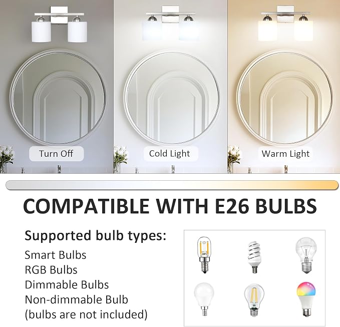 2 Light Brushed Nickel Vanity Lights for Bathroom, Modern Bathroom Light Fixtures Over Mirror, Vanity Light with Milky White Glass Shades, Farmhouse Wall Lights, E26 Socket