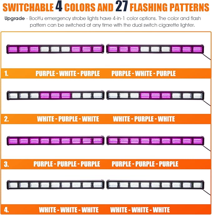 BooYu [Upgraded] Switchable 4 Colors Emergency Strobe Traffic Advisor Light Bar 162LED Windshield 2 in 1 Visor Safety Warning Hazard Flashing Lights for Funeral Escort Truck Vehicle (Purple/White)