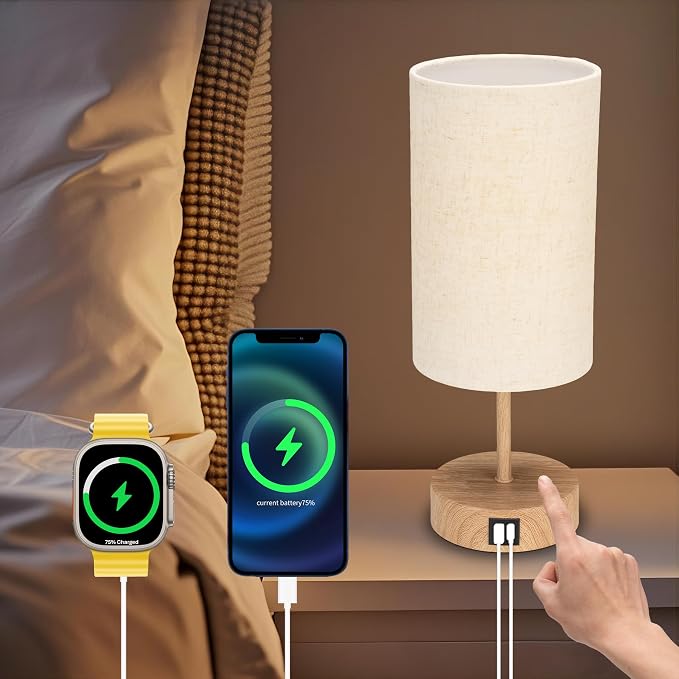 Bedside Table Lamp for Bedroom - 3 Way Dimmable Touch Lamp USB C Charging Ports and AC Outlet, Wood Base Round Flaxen Fabric Shade for Living Room, Desk,E26 Bulb Included