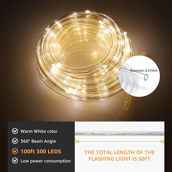 50ft LED Rope Light with Remote 8 Modes Strip Lights with Timer, Memory 5.5mm Large Diameter Twinkle Lights for Wedding Garden Christmas Halloween Bedroom Patio Decorations (Warm White)