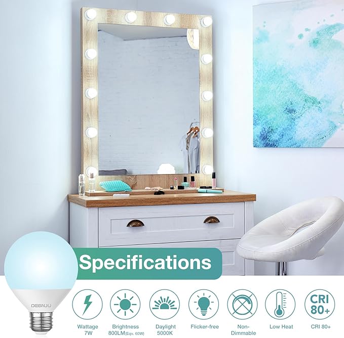 LED Vanity Light Bulbs, 60W Equivalent, Bathroom Light Bulbs 5000K Daylight White, 800 Lumens, G25 Globe Bulb for Makeup Mirror, Round Shape, 7W, 120V, Non-Dimmable, 10 Pack