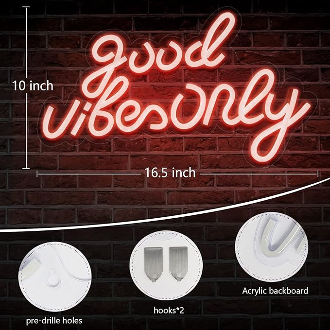 JFLLamp Good Vibes Only Neon Signs for Wall Decor Neon Lights Led Signs Suitable for Living Room Beer Bar Game Hotel Birthday Party Restaurant Christmas Unique Gift for Lover 16.5 * 10 Inch(Red)