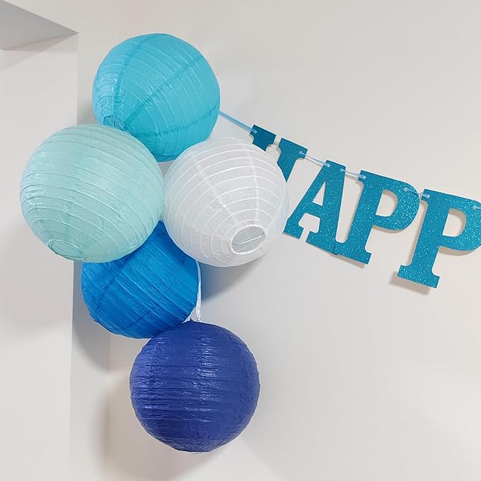 Blue Paper Lanterns Party Decorations 8 Inch for Birthday Party Baby Shower Graduation Boho Classroom decor(Set of 5, Boy Collection)