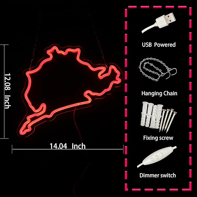 Nurburgring Neon Sign Dimmable LED Light for Racing Tracks, Neon Wall Decor, Ideal for Bedrooms, Garages, Game Rooms, Men's Spaces, and Racing Fan Gifts (14 x 12 inches)