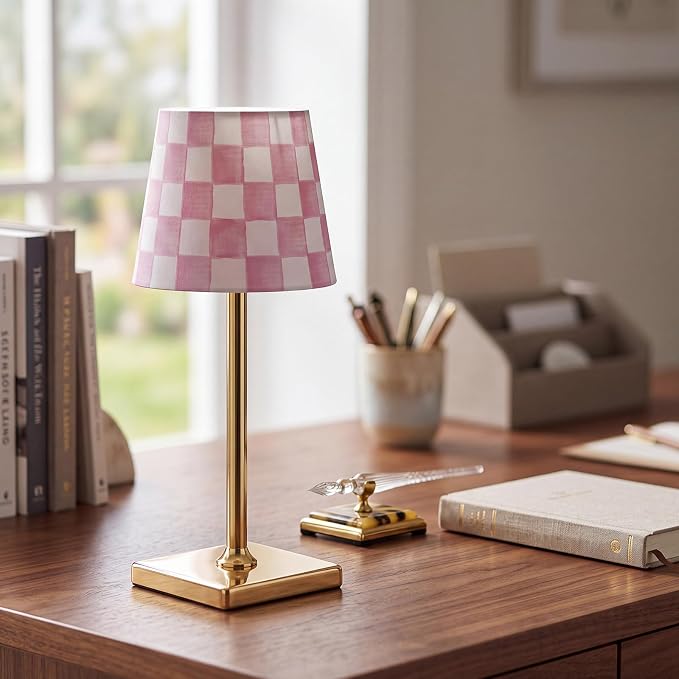 Pickmesh 1 Pack Pink Checkered Mahjong Cordless Lamp Scalloped Edge Mahjong Print LED Lamp 3 Color Dimmable Rechargeable Stylish Lamps for Mah Jong Table Living Room Nightstand Desk