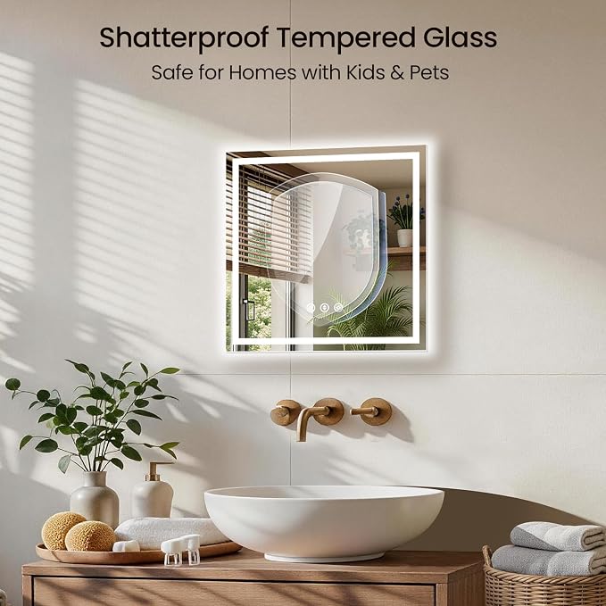 24x24 LED Bathroom Mirror with Anti-Fog, Backlit & Front Lit, Memory | Stepless Dimmable 3 Color CRI 95+ Shatterproof Tempered Glass ETL Listed for Safety Lighted Bathroom Vanity Mirror for Wall