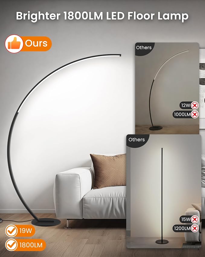 75 inch Dimmable LED Arc Floor Lamp for Living Room with Foot and Remote Control, 3 Color Temperatures, 3000K-6000K Whites, LED Corner Lamp, Modern Standing Tall Lamp for Bedroom B62LD05