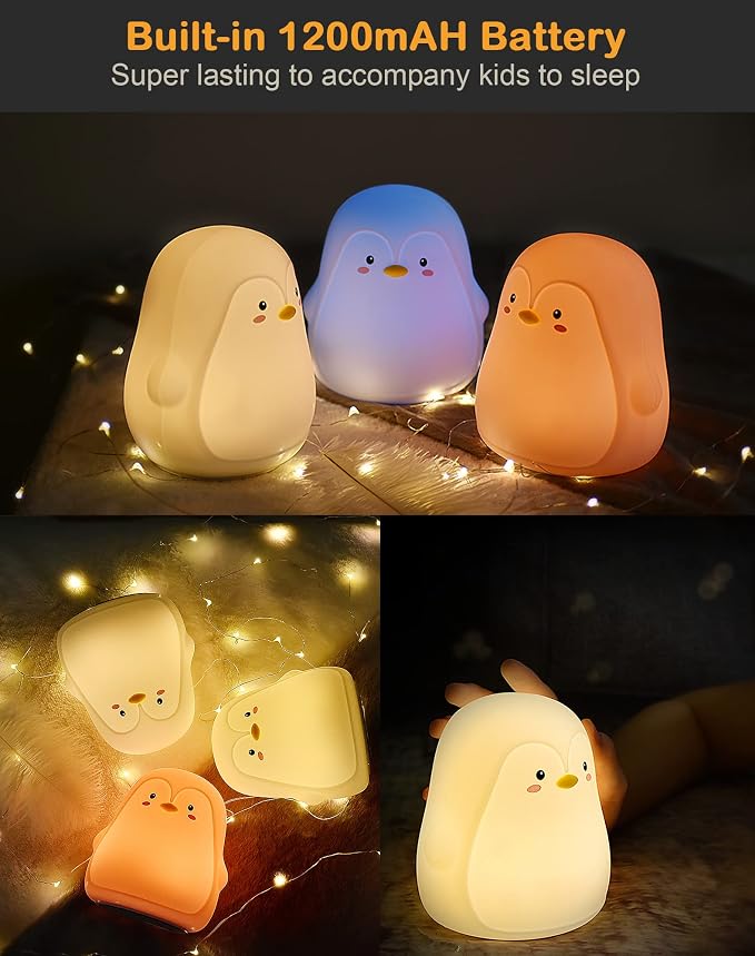 Penguin Night Light, USB Rechargeable Silicone LED Night Light for Kids , Multicolor Cute Nursery Night Lights with Warm White and 7-Color Breathing Mode,Christmas Gift for Kids Baby Children Bedrooms
