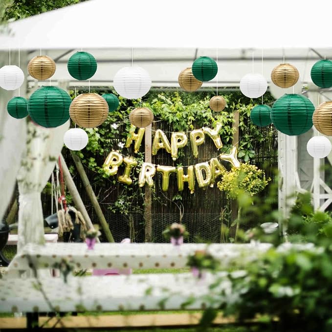 21-Pack Green Gold Paper Lanterns Party Decorations | Round Hanging Lantern for St. Patrick's Day, Graduation, Wedding, Tropical Jungle Theme Birthday, Football Theme Baby Shower
