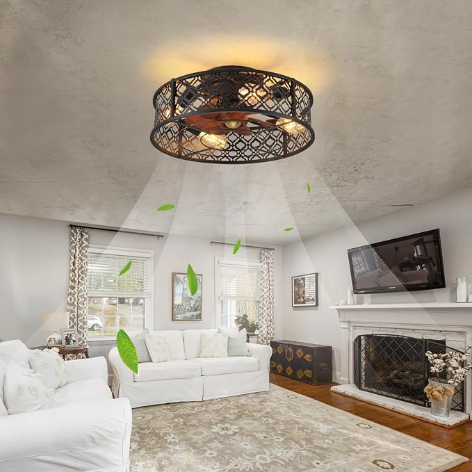 20" Caged Ceiling Fans with Lights Flush Mount Ceiling Fan with Remote,Small Black Low Profile Bladeless Ceiling Fan Light Fixture for Bedroom, Kitchen, Dining Room 4 bulbs Included,6 Speeds
