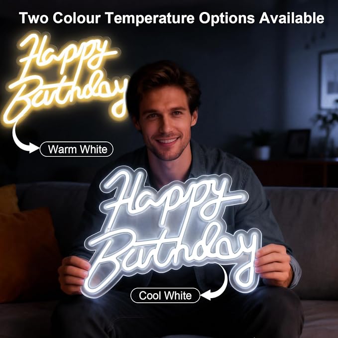 Happy Birthday Neon Sign for Wall Party Decor, LED Happy Birthday Light up Sign for Backdrop, 16"x 11" USB Powered 10 Brightness Settings Light up Signs Party Decorations Backdrop, Cool White