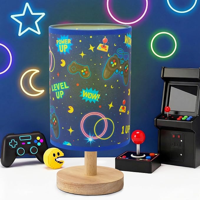 Kids Gaming Lamp for Boys Bedside Lamp with Linen Wooden Nightstand Cartoon Nursery Video Game Lampshade for Kids Gamer Decor