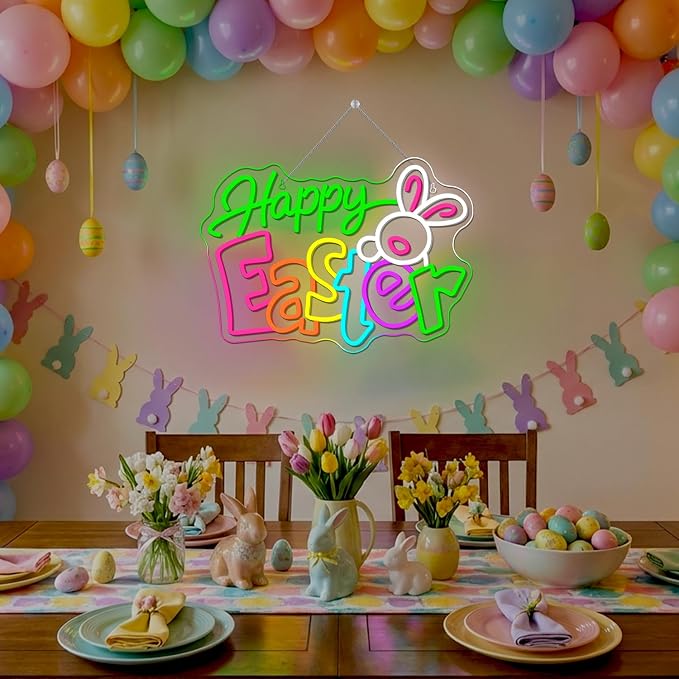 Happy Easter Neon Sign Bunny Neon Light Up Easter Decor Indoor for Home Living Room Windows Spring Decor LED Bunny Sign Rabbit Themed Gifts for Teens Families in Family Games