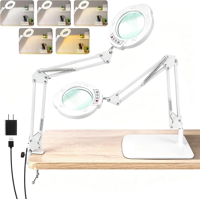 White 10X Magnifying Glass with Light and Stand, LED Desk Lamp with Base and Clamp, 5 Color Mode, 10 Dimmable Levels, Hands Free for Reading Crafts Jewelry Sewing Close Work
