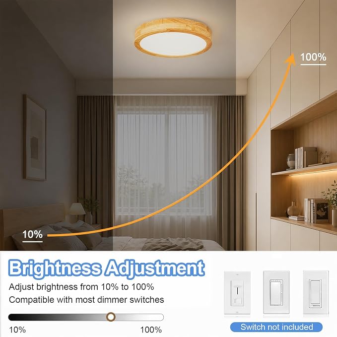 Pevfah Modern Dimmable 11.81in Wood Flush Mount Ceiling Light, 5CCT LED Round Close to Ceiling Lighting Fixtures, Minimalist Ceiling Lamp for Bedroom, Kitchen, Hallway, Laundry Room