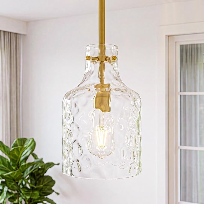 7 Inch Pendant Lights Kitchen Island with Clear Hammered Glass Shade Modern Pendant Light Fixtures Industrial Hanging Ceiling Lights for Kitchen Dining Room Bedroom Entryway, Gold, 1 Pack