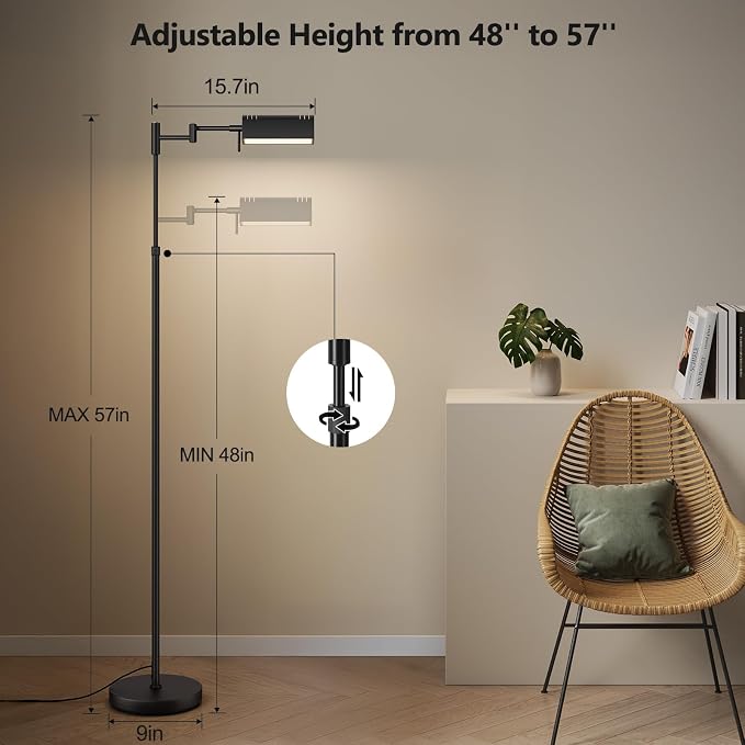 SUNMORY Dimmable LED Pharmacy Floor Lamps, 16W/1500LM Bright Reading Lamp | Remote Touch Control, 350°Swing Arm, Adjustable Height, Task Craft Tall Standing Light for Living Room Bedroom Office, Black